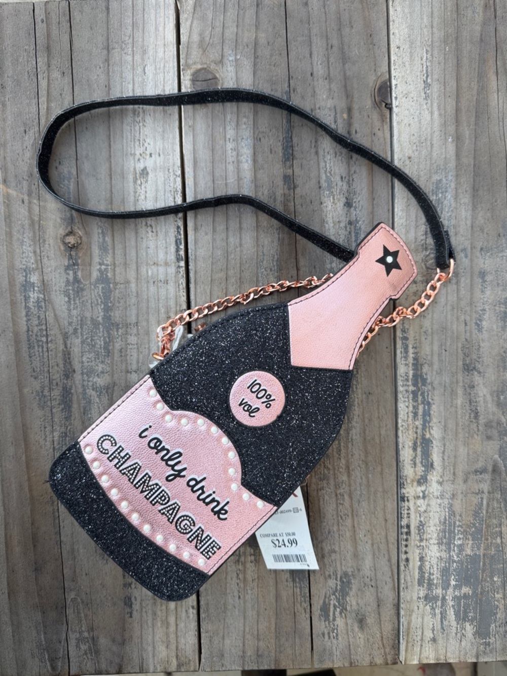 I Only Drink Champagne Glitter Bottle Crossbody Bag - Pink & Black